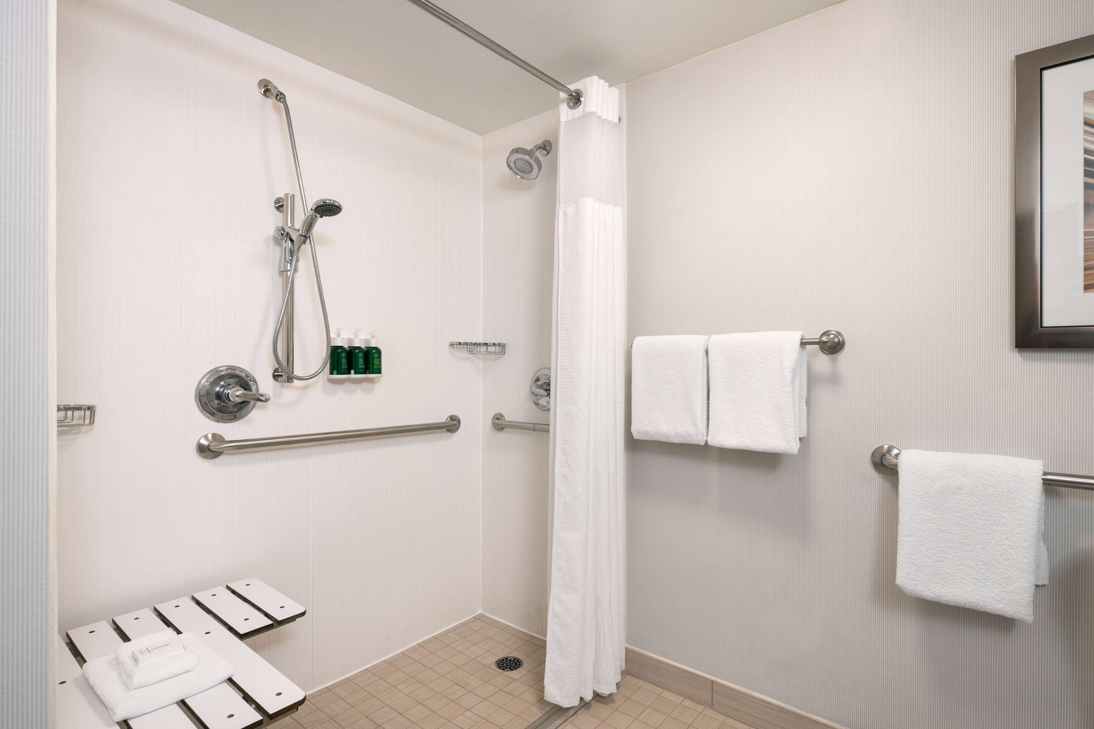 A modern bathroom with a shower, grab bars, a towel rack, and a framed picture on the wall.