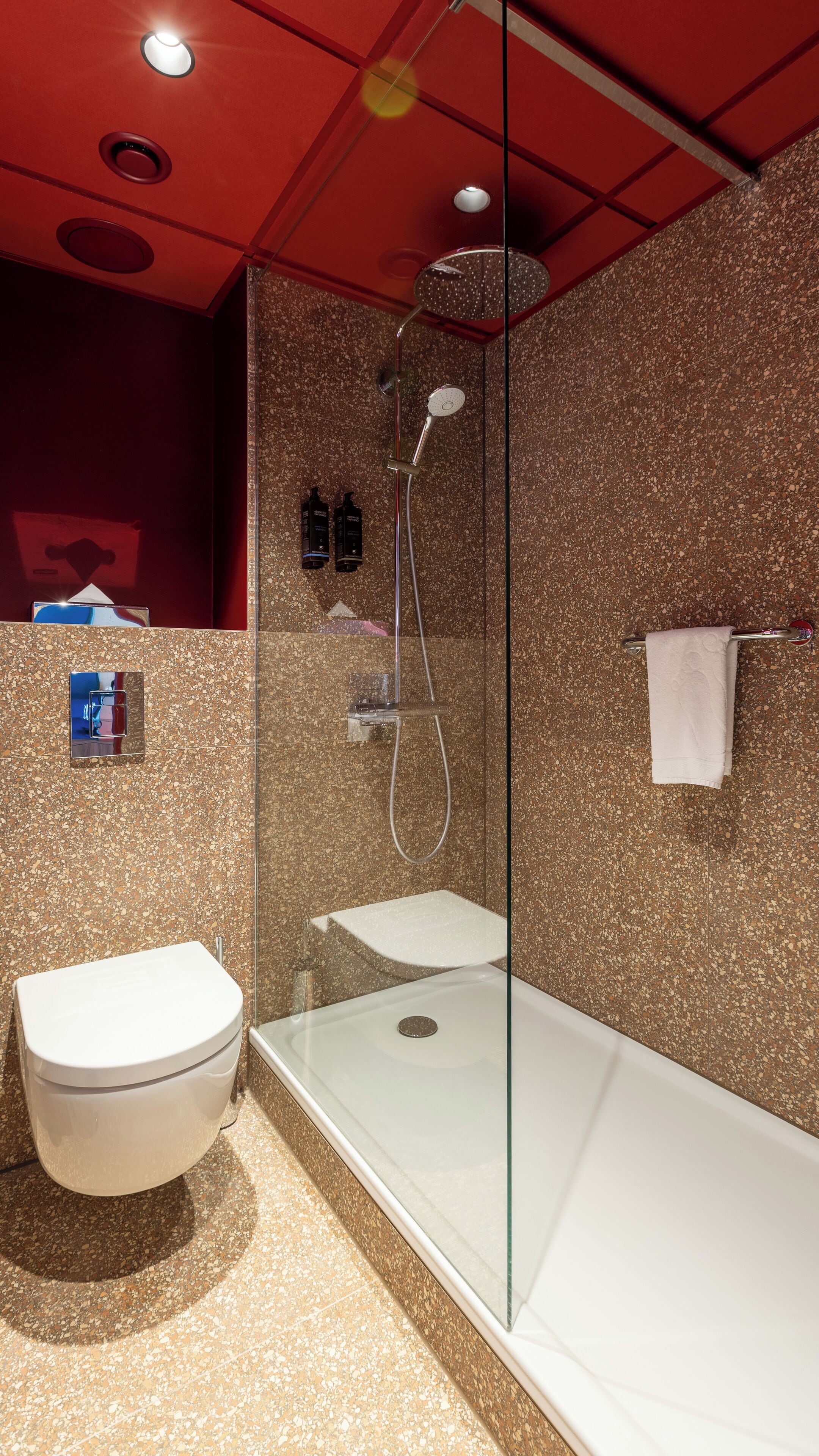 Ein modernes Badezimmer mit einer Dusche in Glasabtrennung, einer weißen Toilette und einem kleinen Waschbecken.