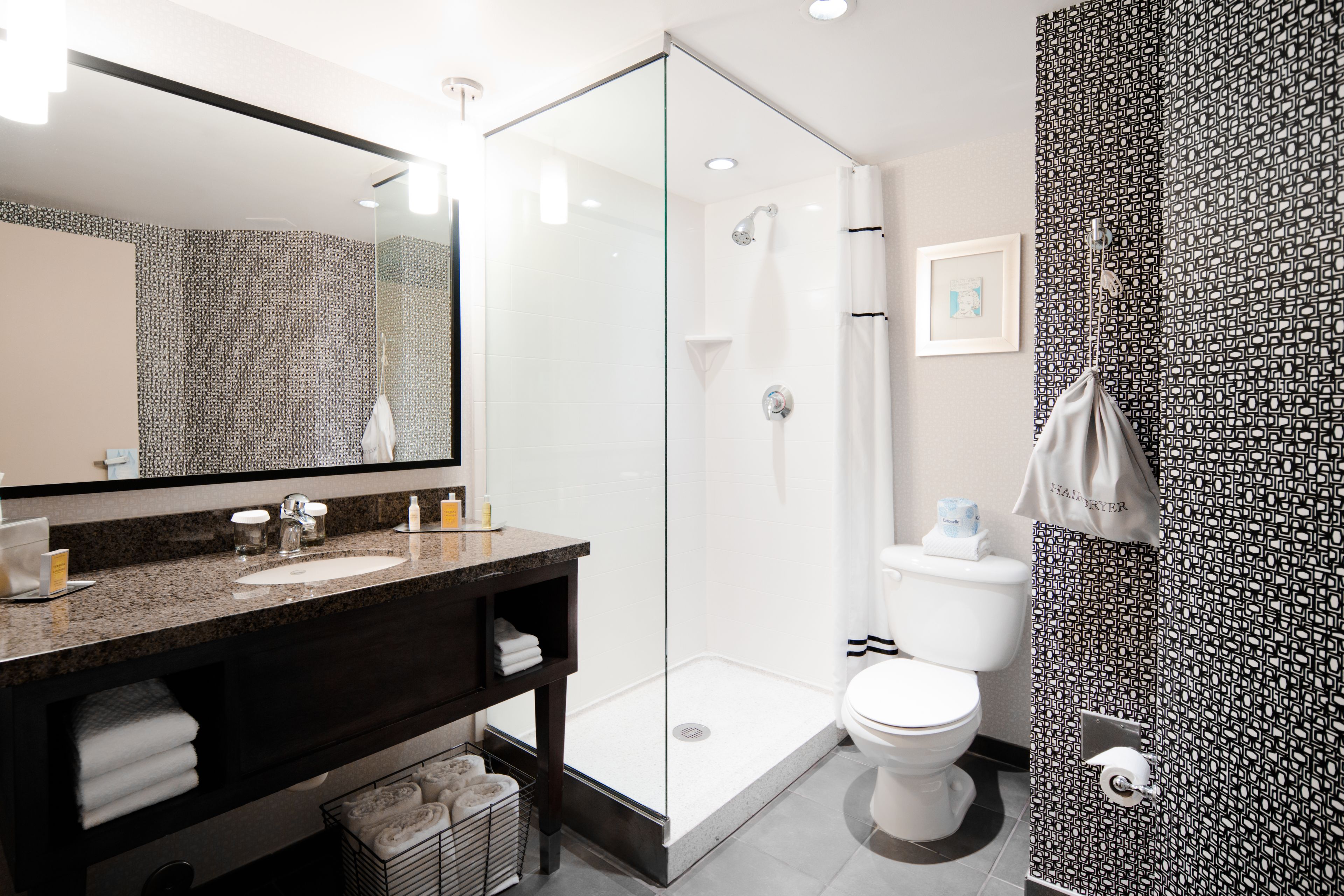 free toiletries, hair dryer, towels