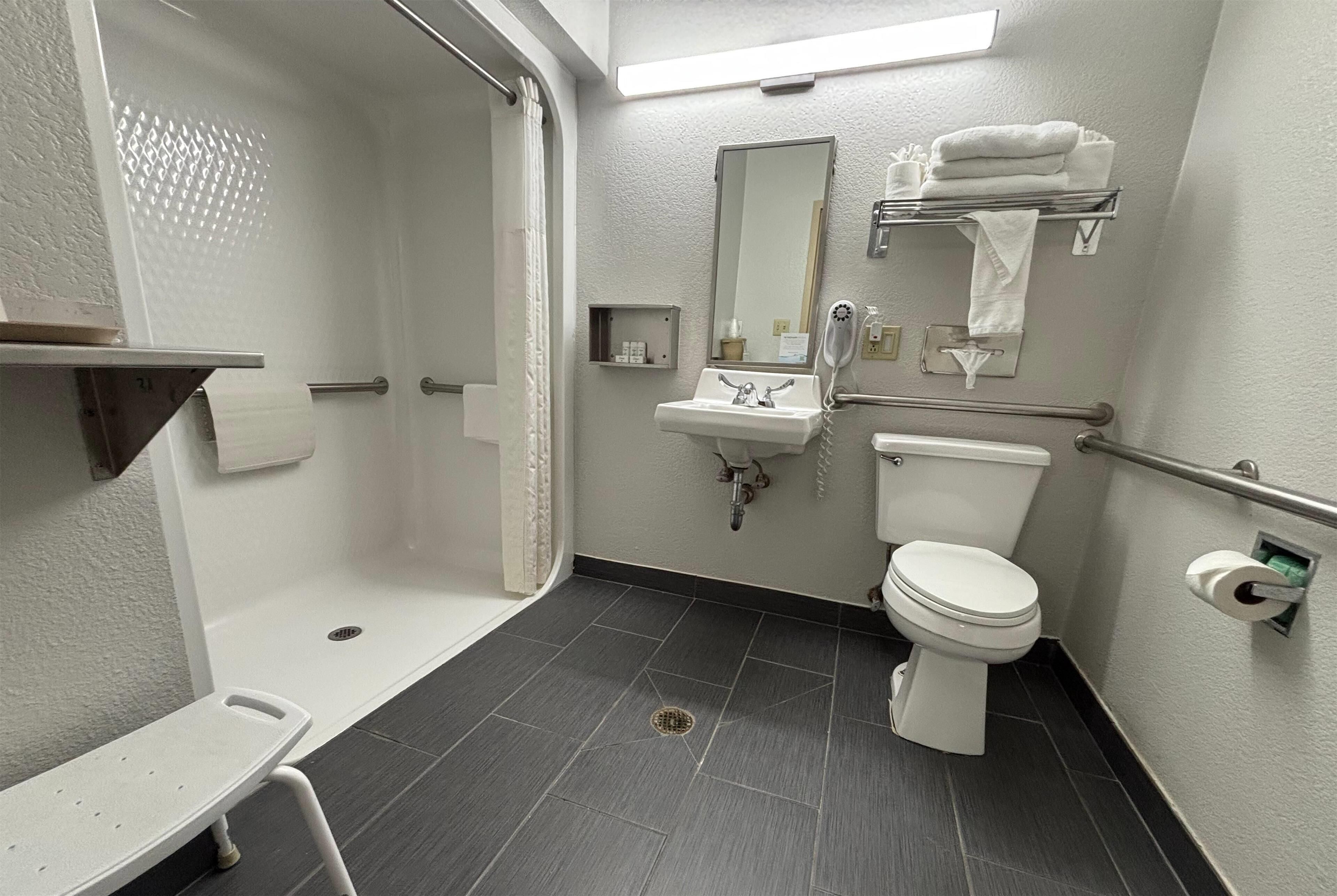 1 king bed, accessible suite, walk-in shower, non-smoking | bathroom | free toiletries, hair dryer, towels