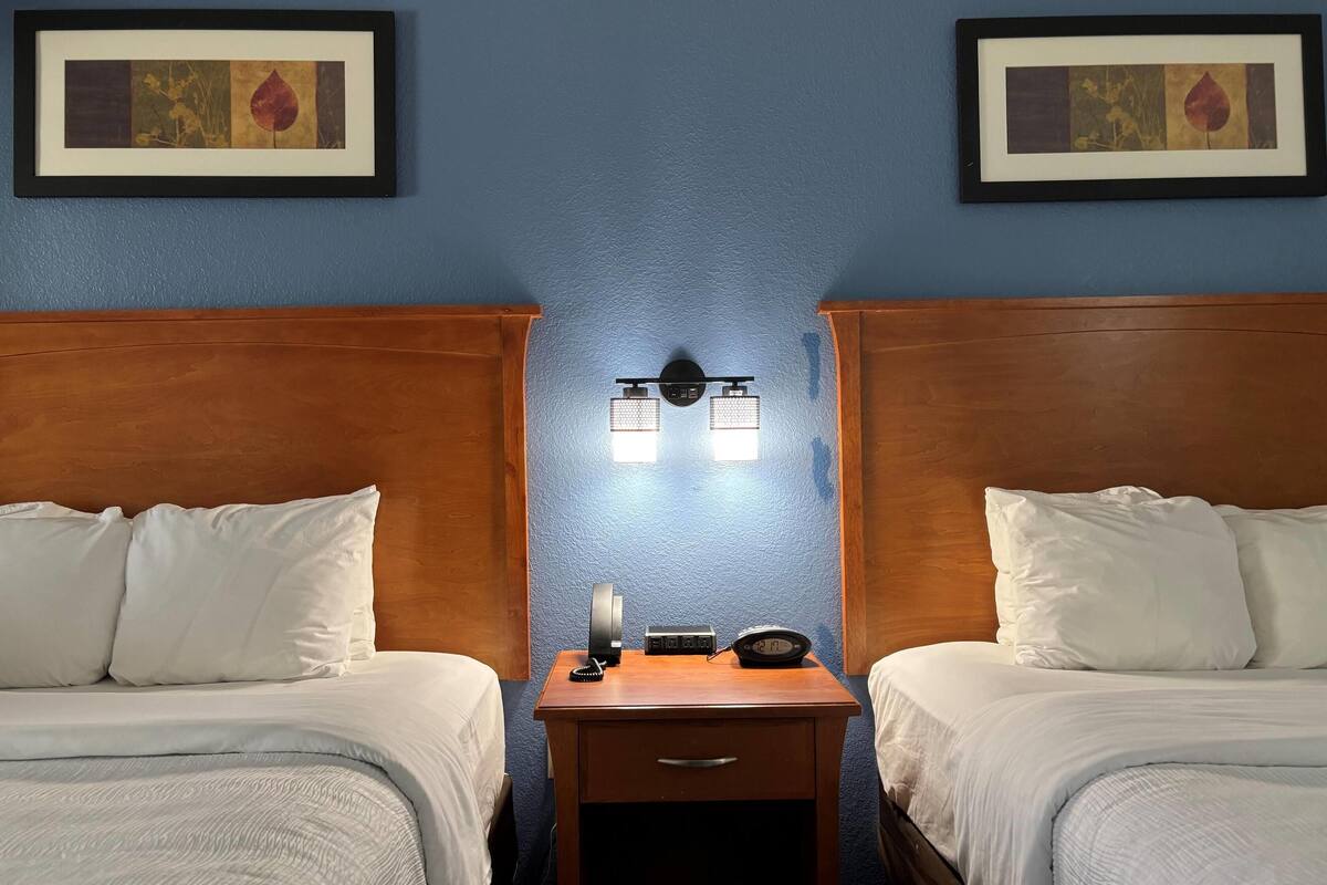 Een hotelkamer met twee bedden, een nachtkastje met een telefoon en lamp, en lijstwerk op de muren.