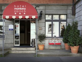 Hotellin ulkopuolella on punainen markiisi, jossa näkyy hotellin nimi: »Hotel Montana Zürich». Sisäänkäyntiin johtavat portaat, siellä on myös penkki ja kaksi ruukussa olevaa kasvia.