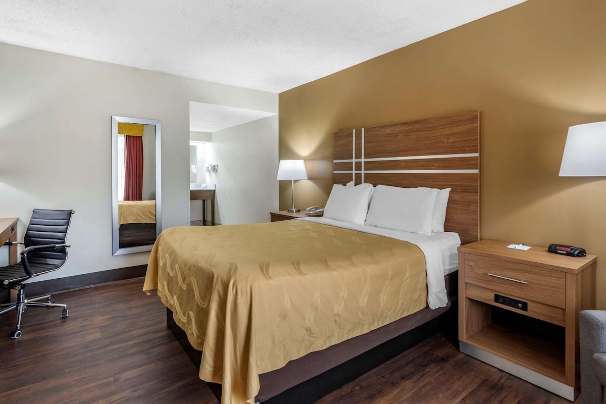 Una habitación de hotel con cama, escritorio, silla, mesita de noche y espejo.