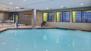 An indoor swimming pool with clear water, a lifeguard station, and a dolphin sculpture.