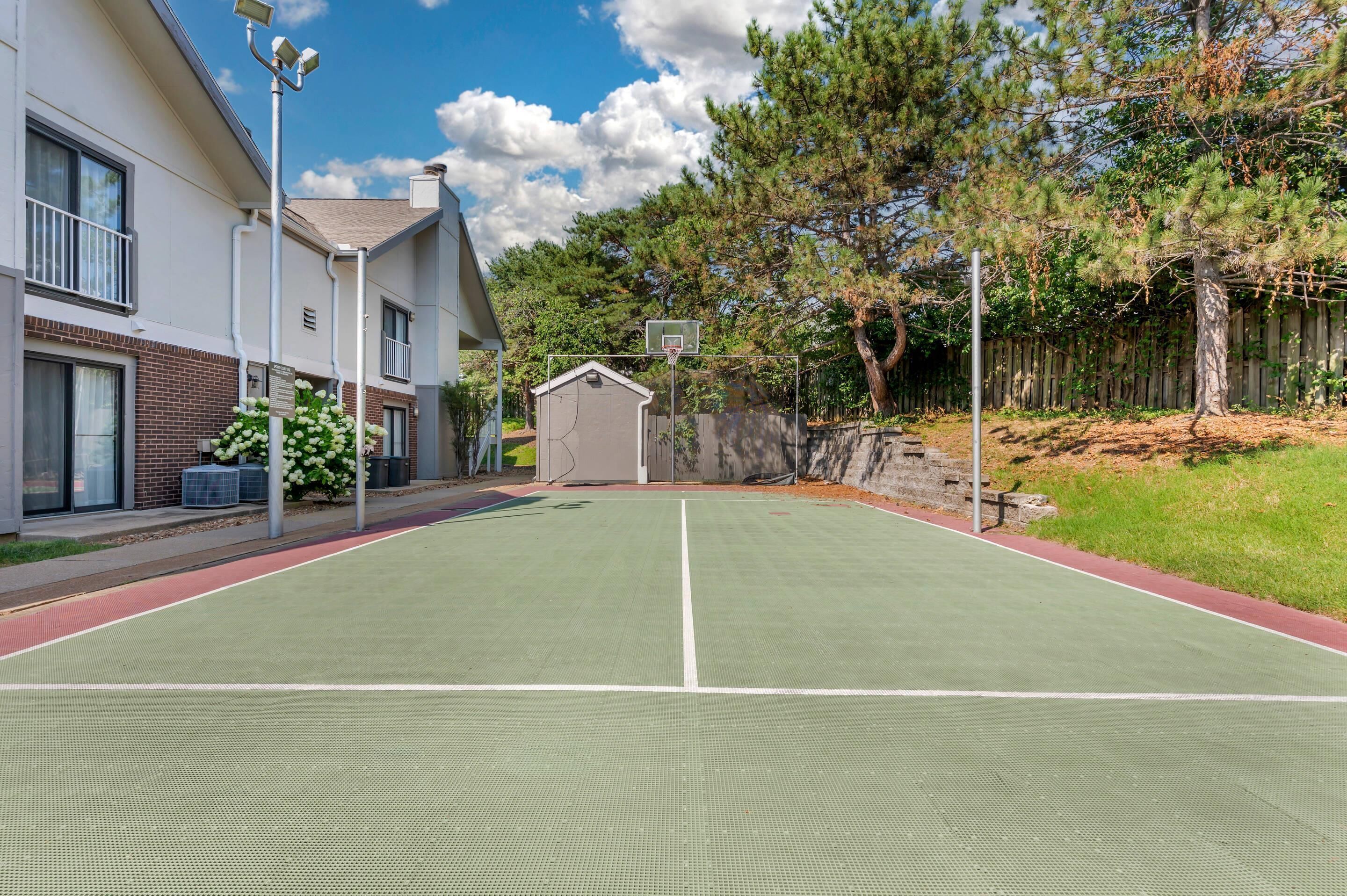An outdoor basketball court with a hoop, surrounded by a residential area with houses and trees.