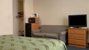 Une chambre d’hôtel équipée d’un lit, d’un canapé, d’une télévision, d’une commode et d’un four à micro-ondes posé sur un meuble.