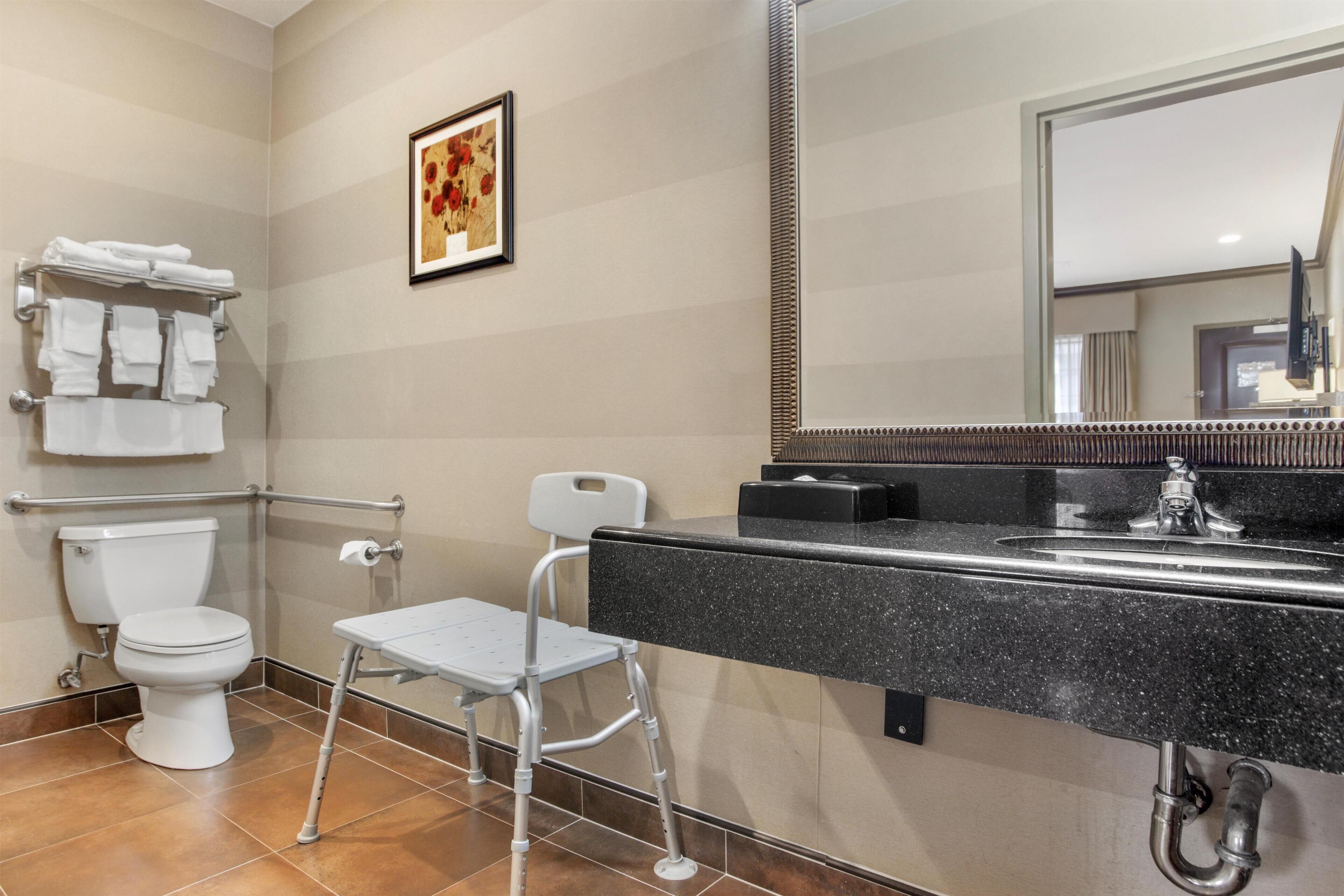 Ein modernes Badezimmer mit Toilette, einer Handstange, einem Waschbecken mit großem Spiegel und einer rollstuhlgerechten Sitzbank.