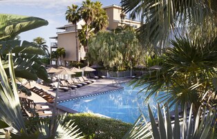 Outdoor pool, pool umbrellas, sun loungers