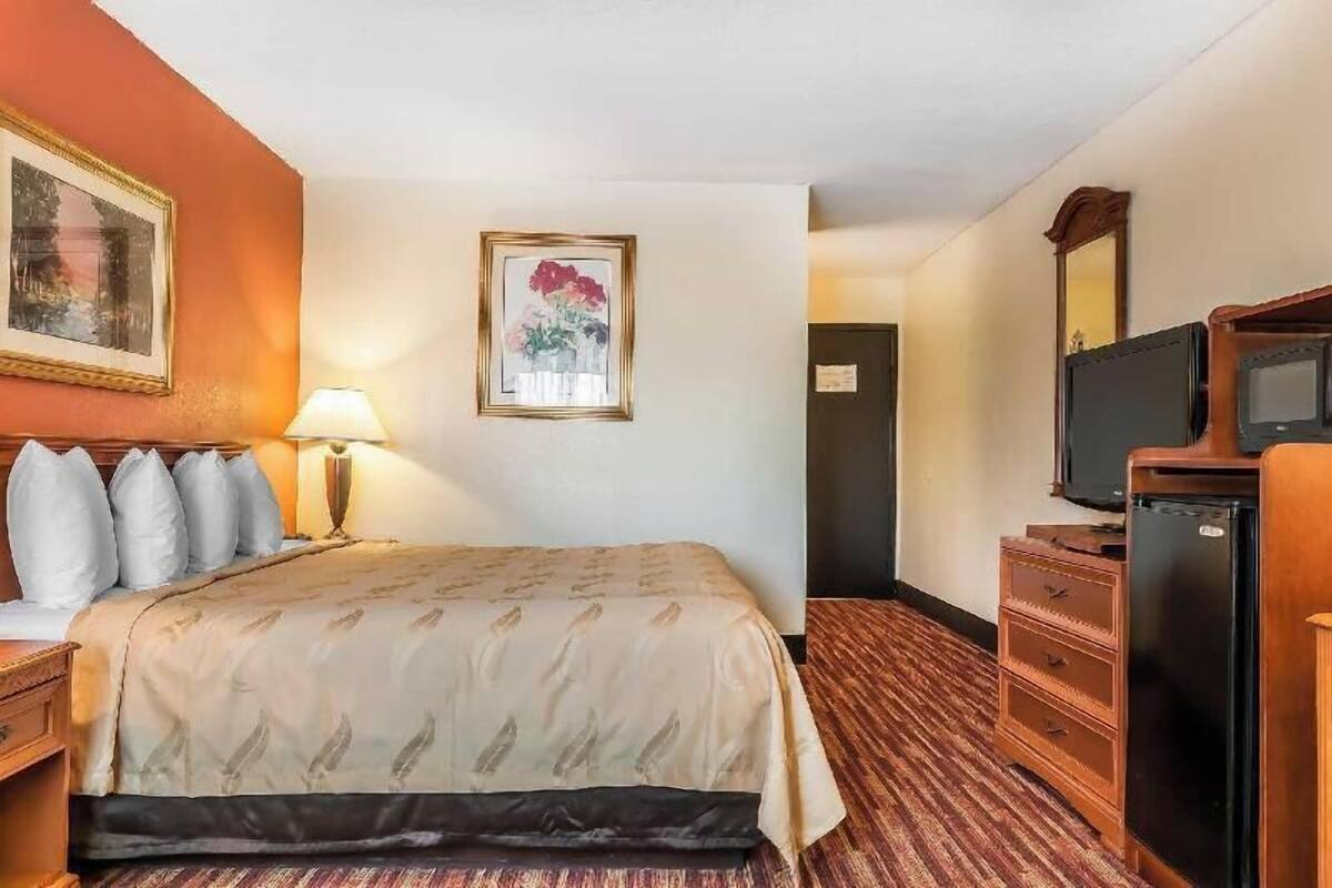 A hotel room with a bed, a desk with a lamp, a dresser, a television, and a framed picture on the wall.
