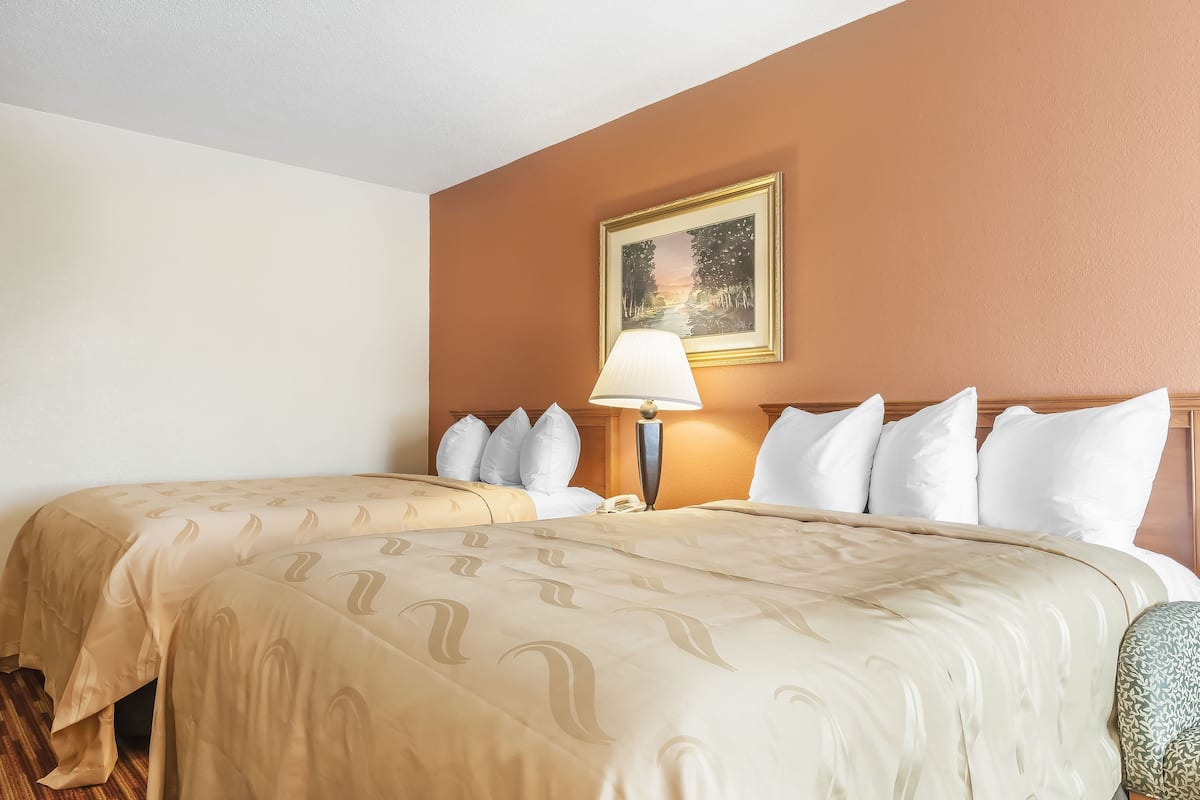 A hotel room with two beds, a nightstand with a lamp, and a painting on the wall.