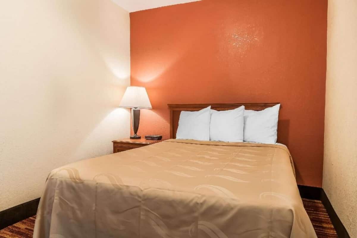 A hotel room with a bed, a nightstand, a lamp, and a wall painted in a warm color.