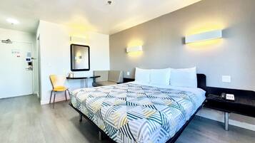 Desk, laptop workspace, free WiFi, bed sheets