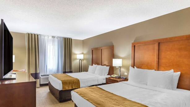 A hotel room with two beds, a desk, a TV, and a lamp.