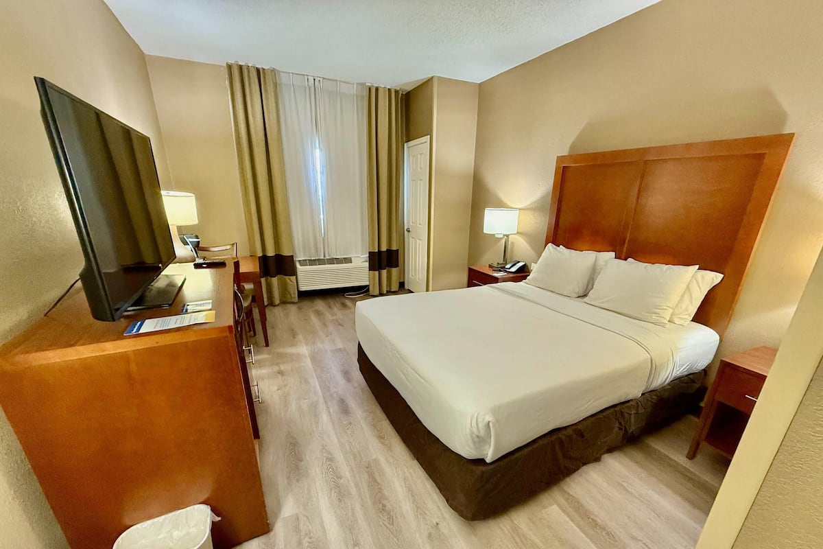 A hotel room with a bed, a desk with a computer, a chair, a TV, a lamp, and a waste bin.