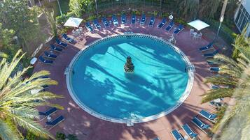 Outdoor pool, open 9:00 AM to 10:00 PM, pool umbrellas, sun loungers