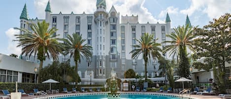 Outdoor pool, open 9:00 AM to 10:00 PM, pool umbrellas, pool loungers