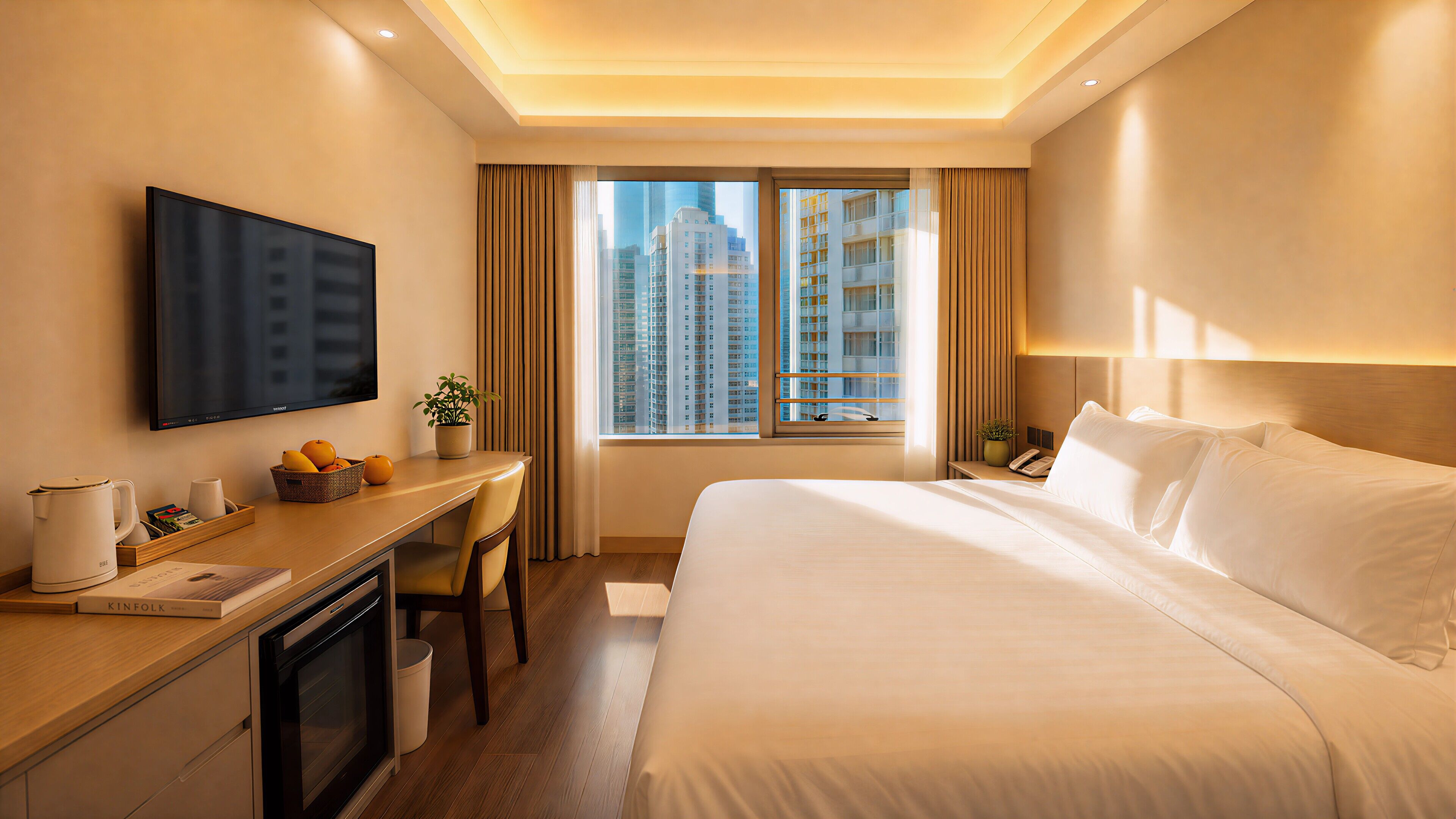 A hotel room with a bed, a desk with a coffee maker, a TV, and a window with a city view.
