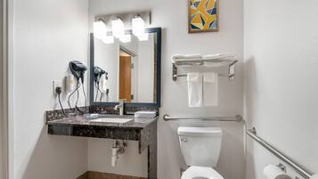 A bathroom with a sink, mirror, hair dryer, towel rack, toilet, and handrails.