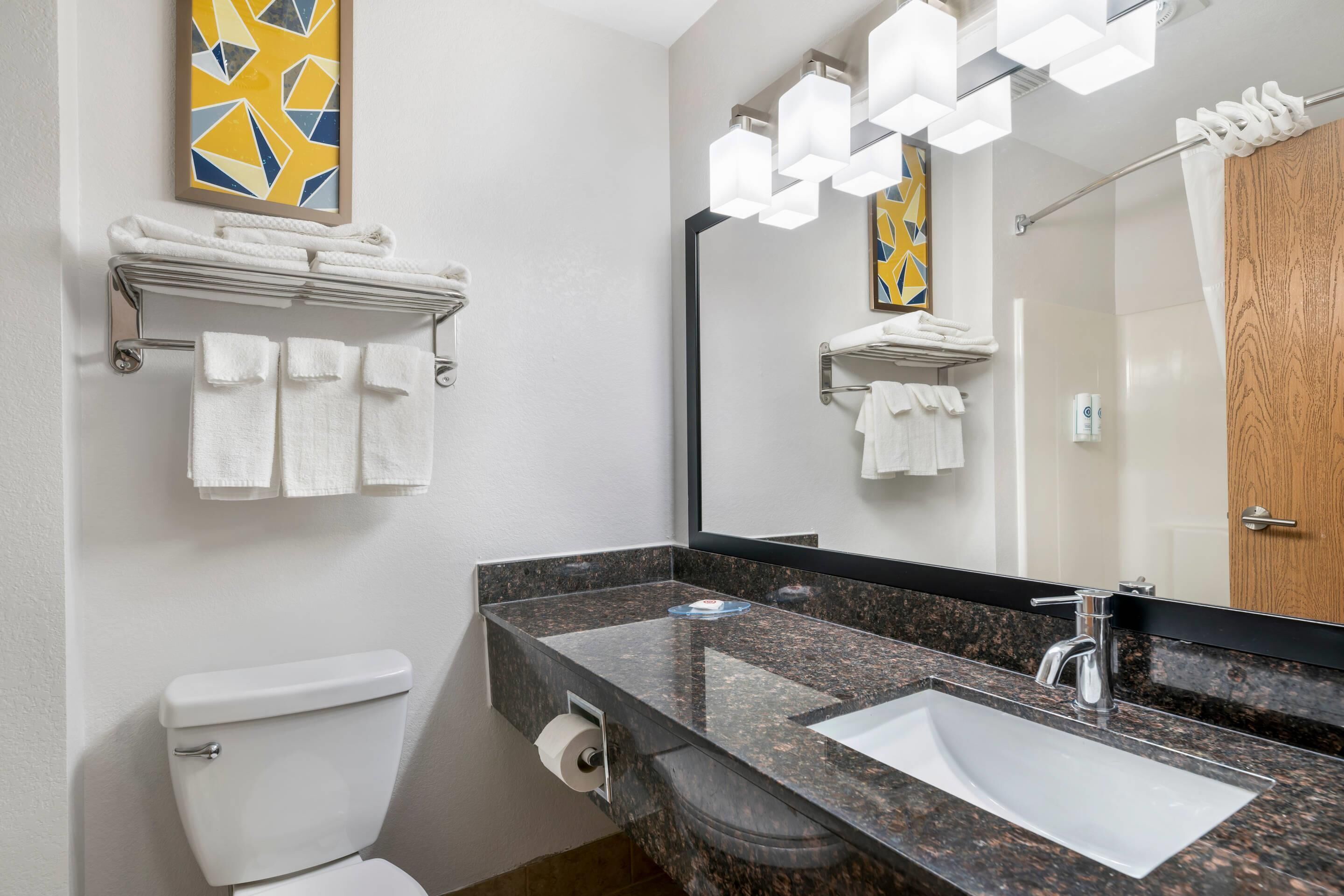 A bathroom with a toilet, sink, towel racks, and a mirror.