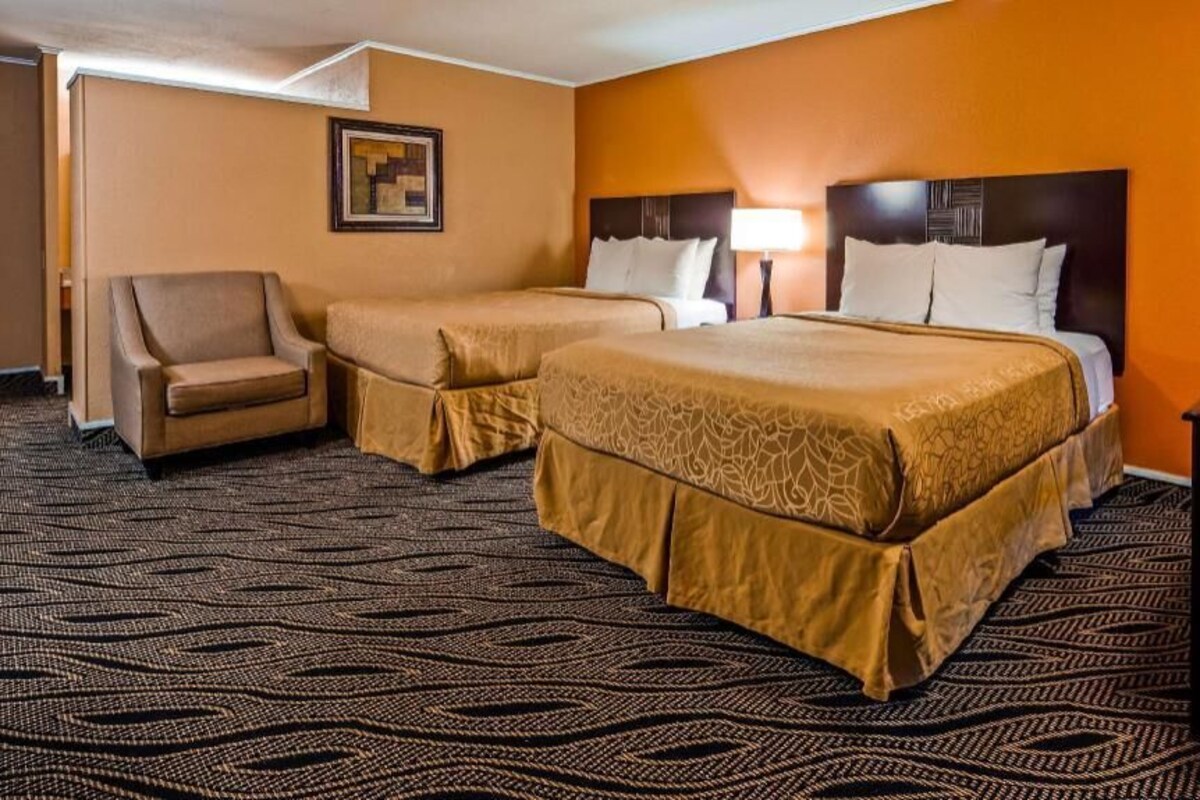 A hotel room with two beds, a chair, a desk, and a patterned carpet.