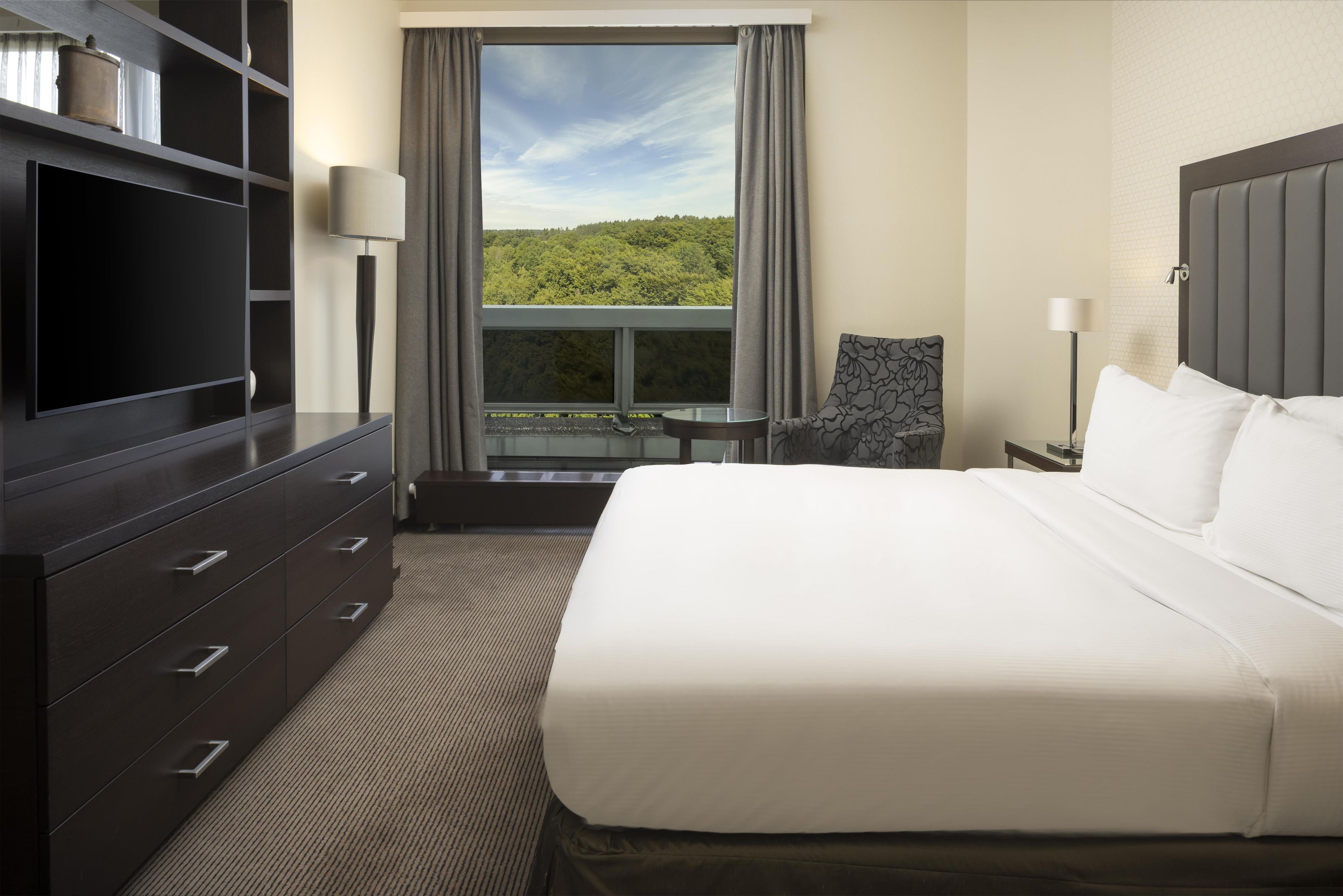 A hotel room with a bed, a TV, a desk, and a window with a view of greenery.