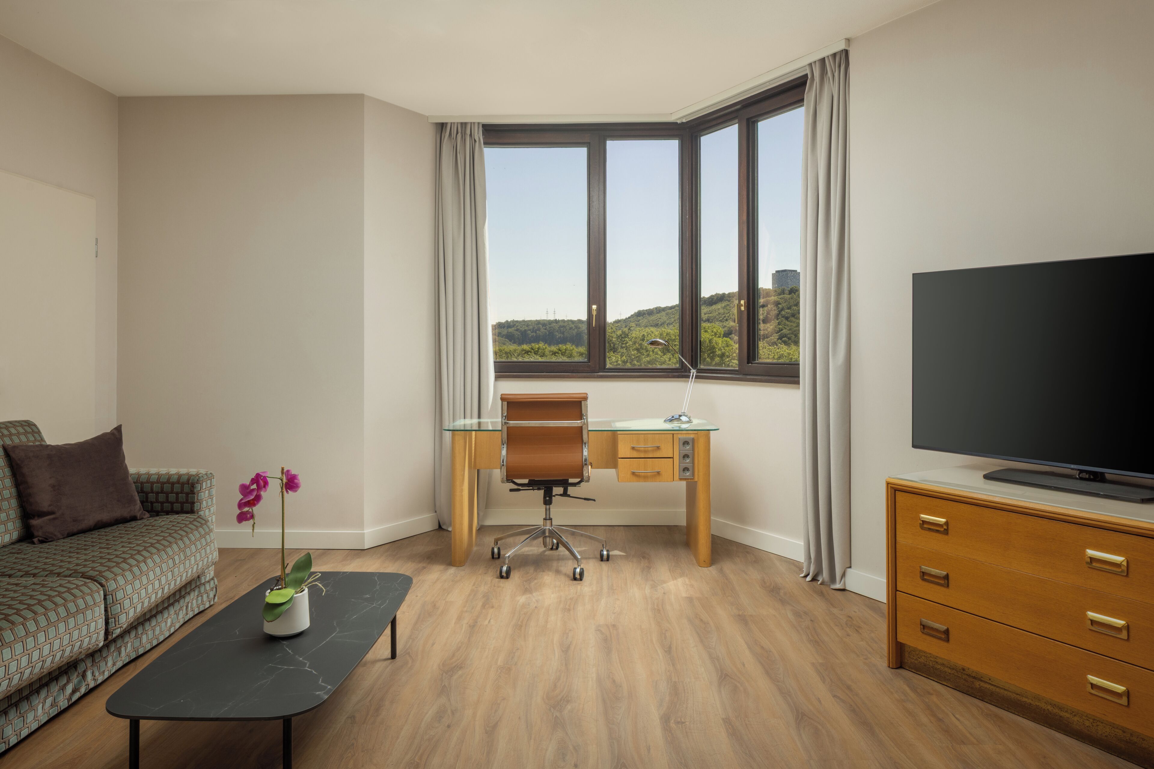 Una habitación de hotel moderna con un ventanal grande, un televisor de pantalla plana, un escritorio de madera, un sillón de cuero, un sofá y una pequeña planta en maceta.