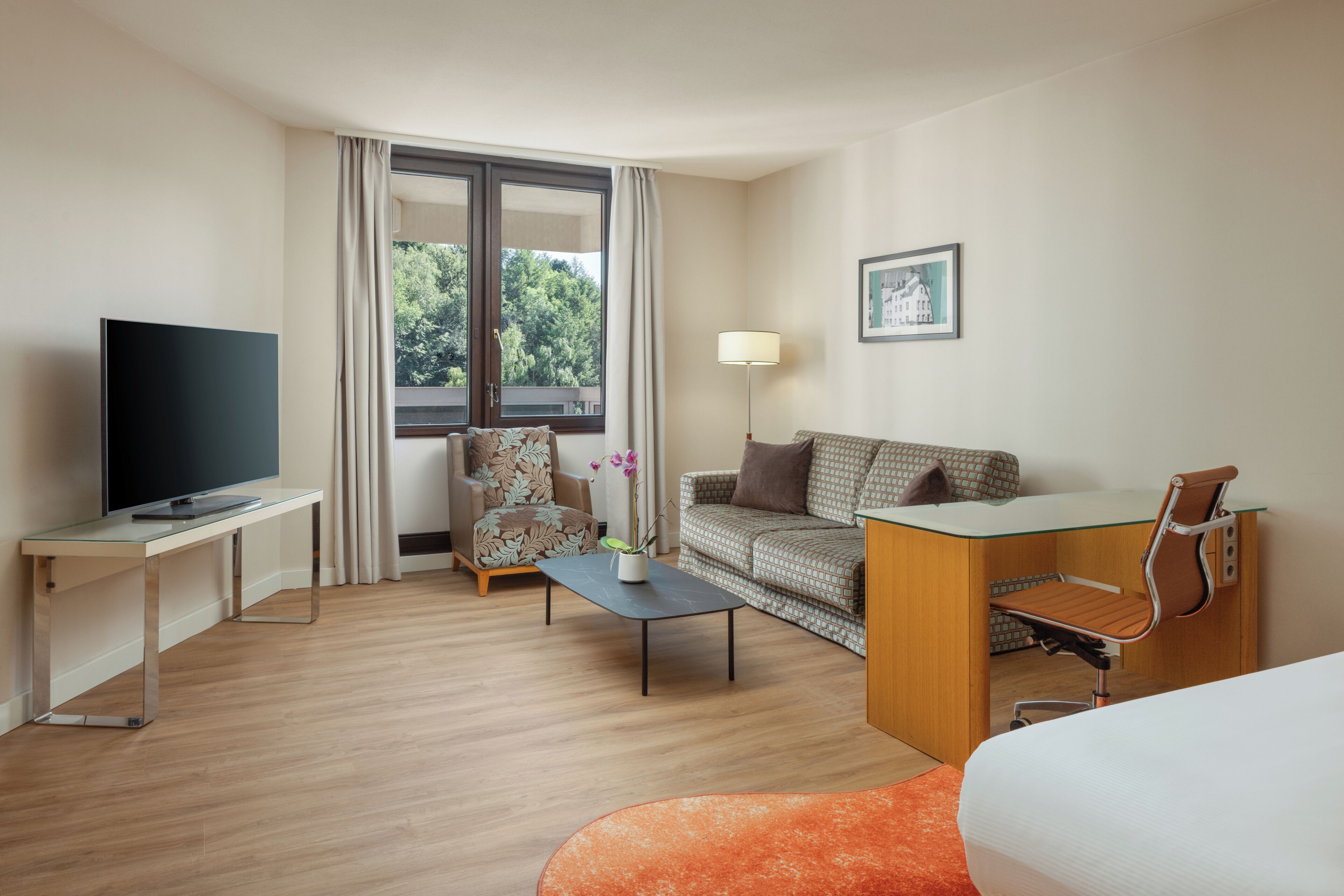 A hotel room with a TV, sofa, chair, desk, lamp, and a bed.
