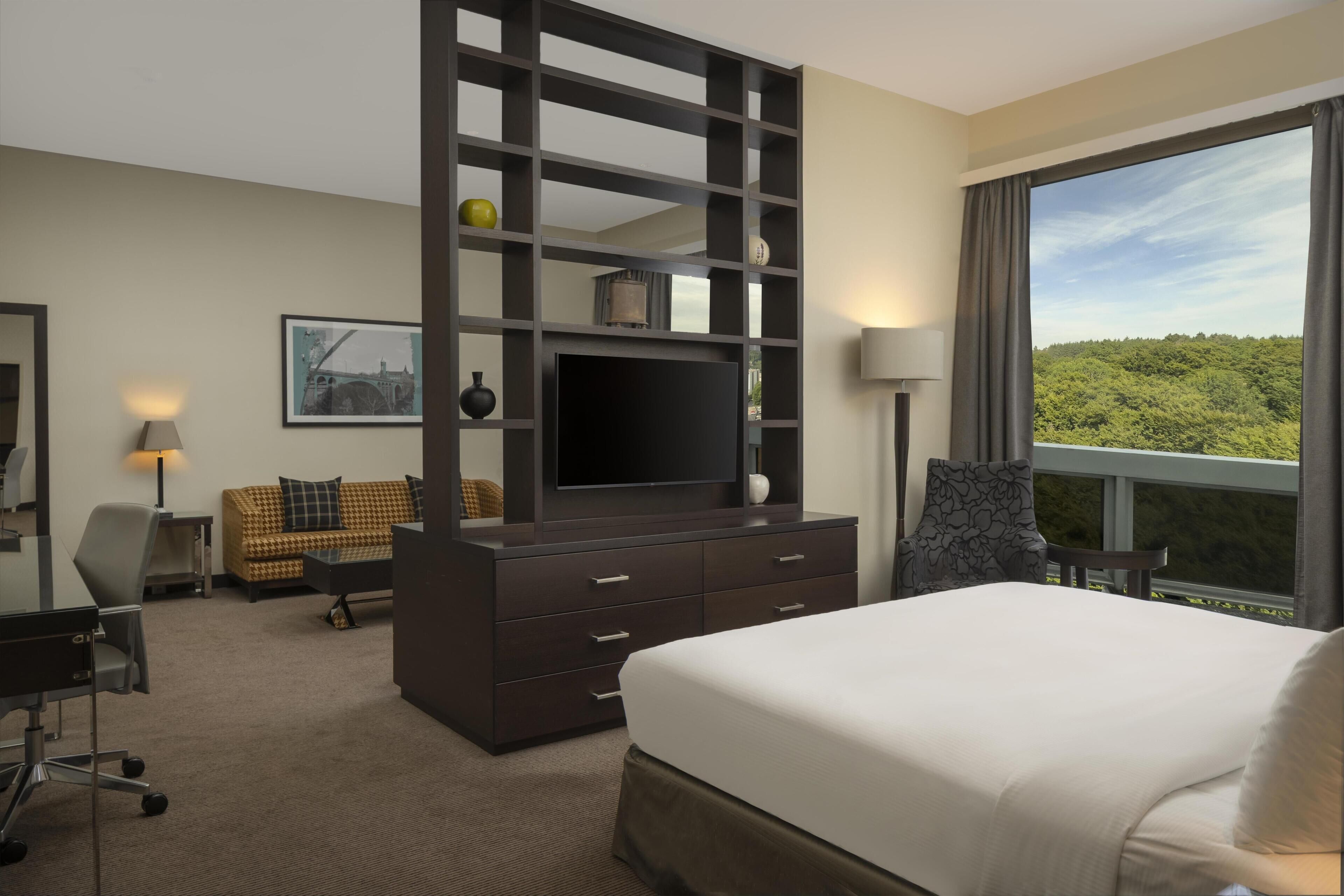 A hotel room with a bed, a desk, a chair, a TV on a dark dresser, a lamp, a sofa, and a large window with a view of greenery.