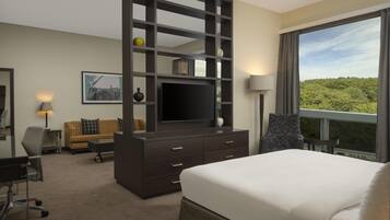 A hotel room with a bed, a desk, a chair, a TV on a dark dresser, a lamp, a sofa, and a large window with a view of greenery.