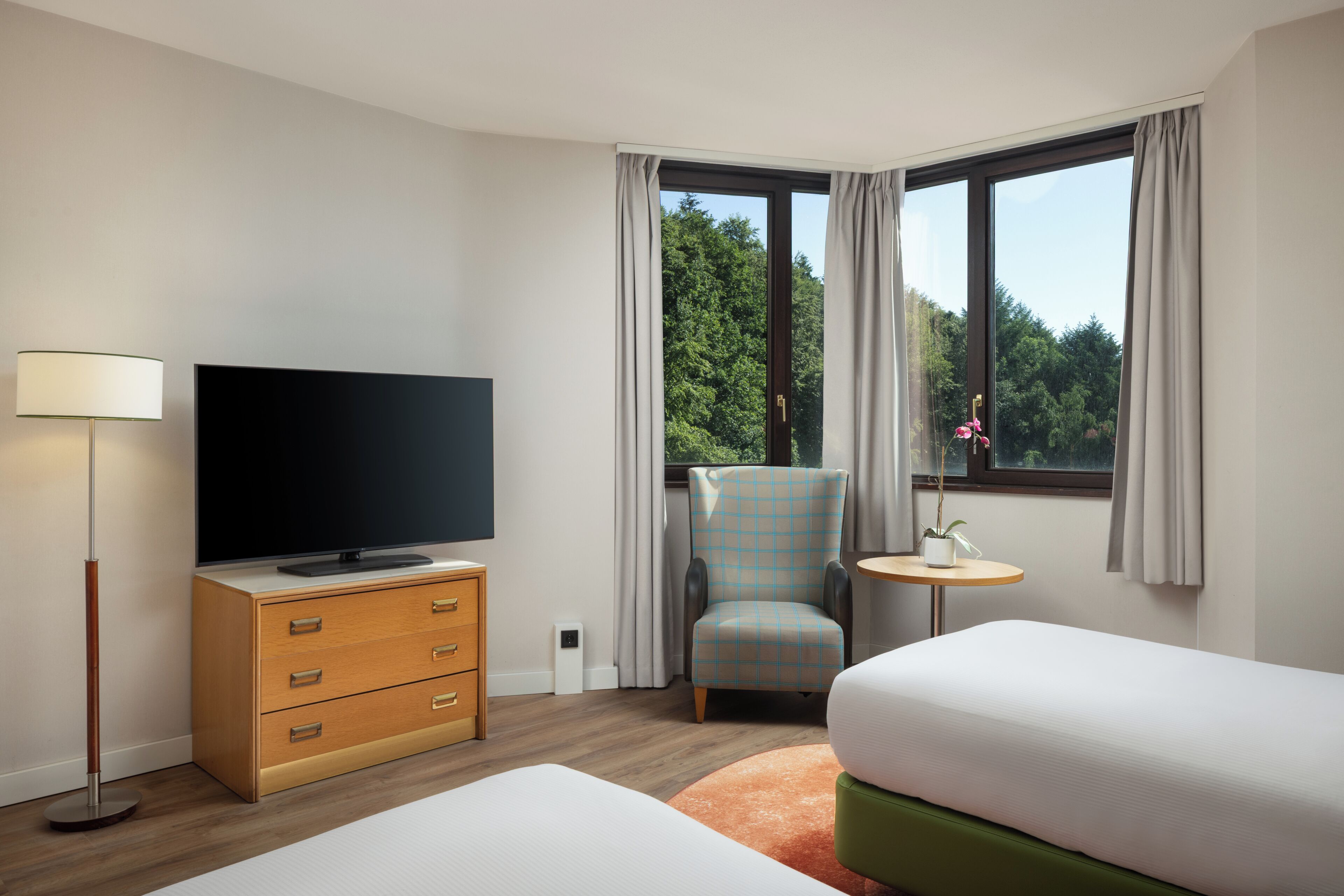 Une chambre d’hôtel équipée d’un téléviseur à écran plat, d’une commode en bois, d’un lit vert, d’un fauteuil à carreaux, d’une petite table ronde avec un pot de plante et d’une fenêtre avec des rideaux.
