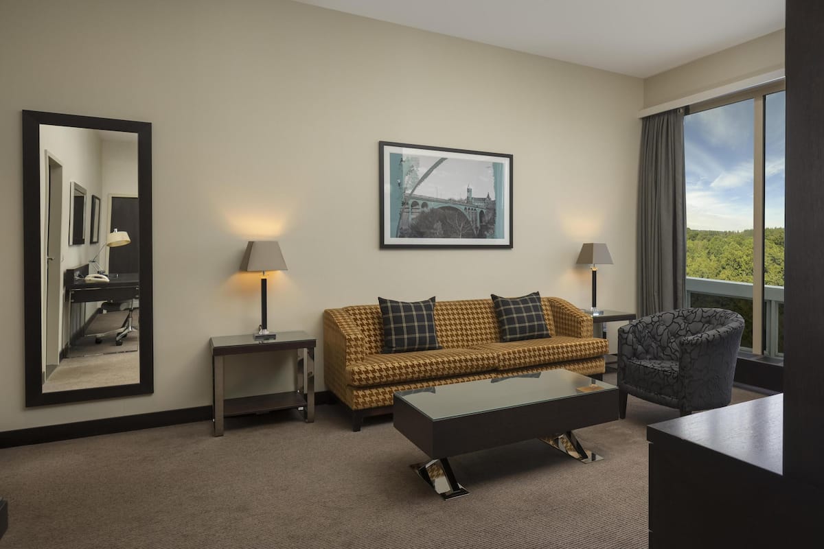 deluxe suite | living area | 37-inch led tv with cable channels, tv, mp3 dock