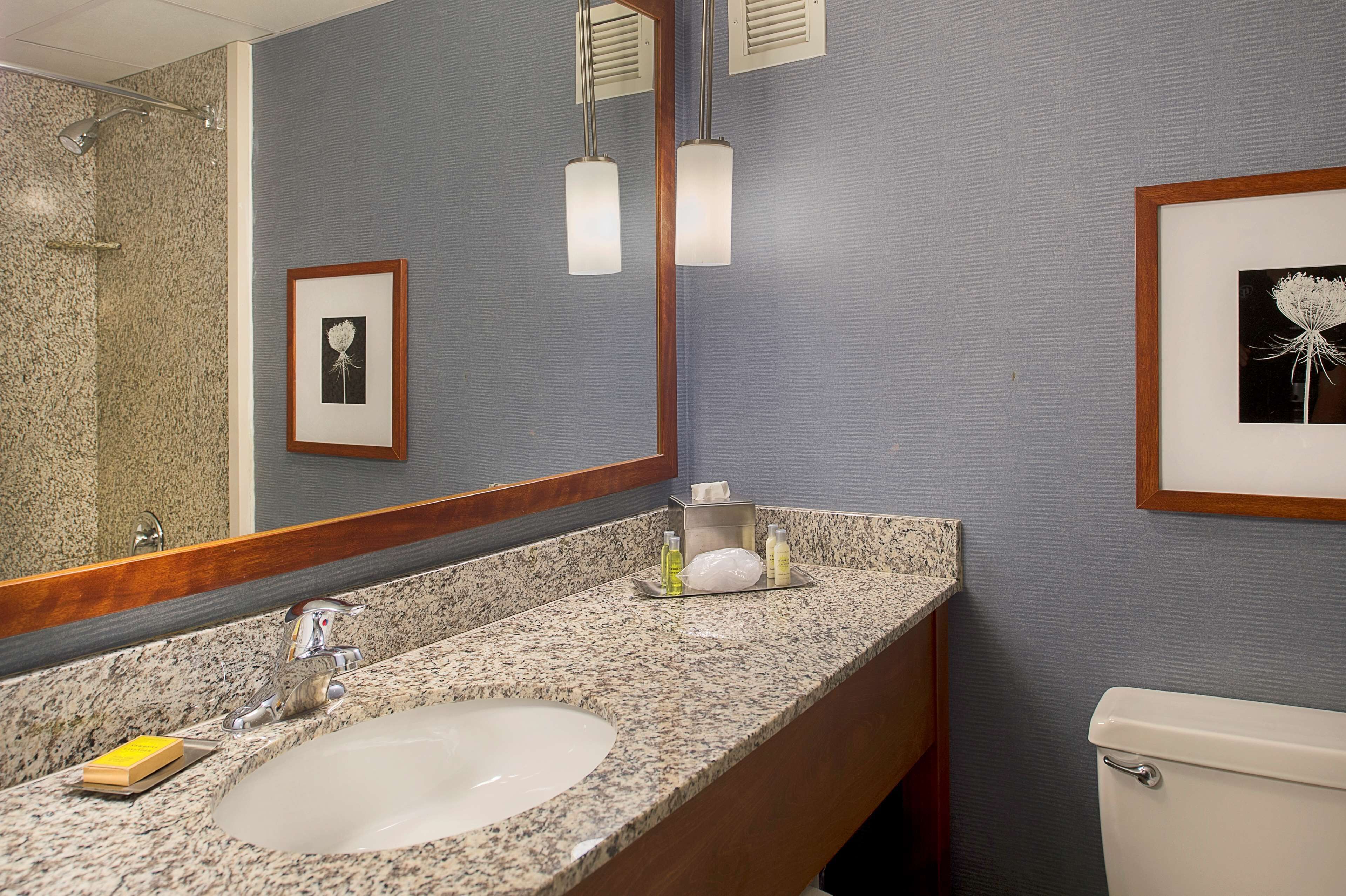 A bathroom with a granite countertop sink, a mirror, framed pictures on the wall, and a toilet.