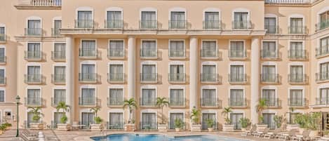 Outdoor pool, pool umbrellas, pool loungers