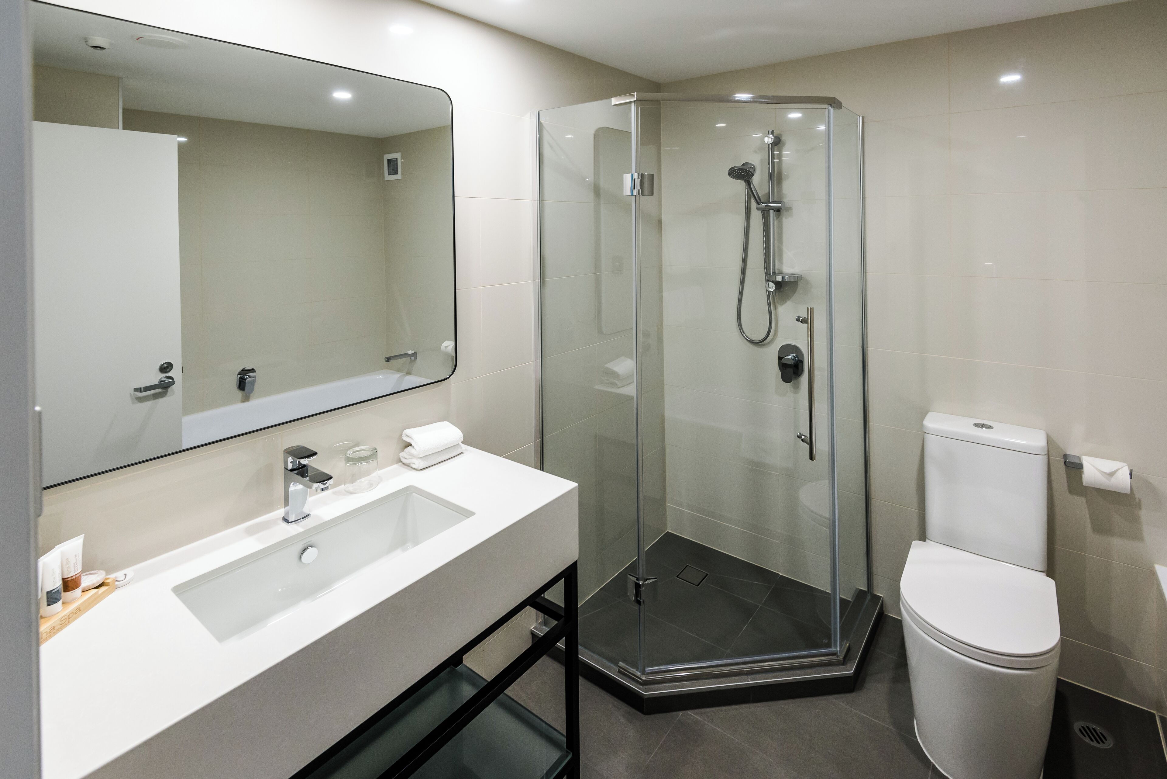 A modern bathroom with a glass-enclosed shower, a white sink, and a toilet.
