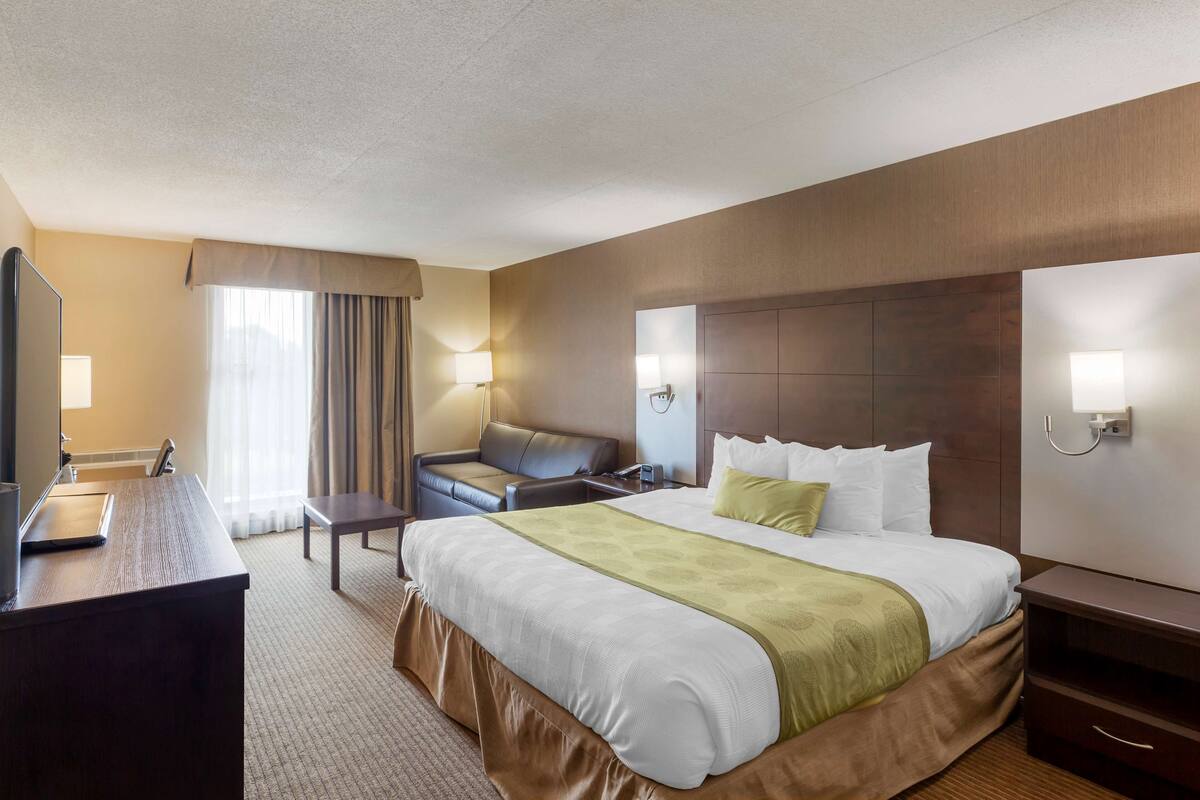 A hotel room with a large bed, a desk, a chair, and a TV.