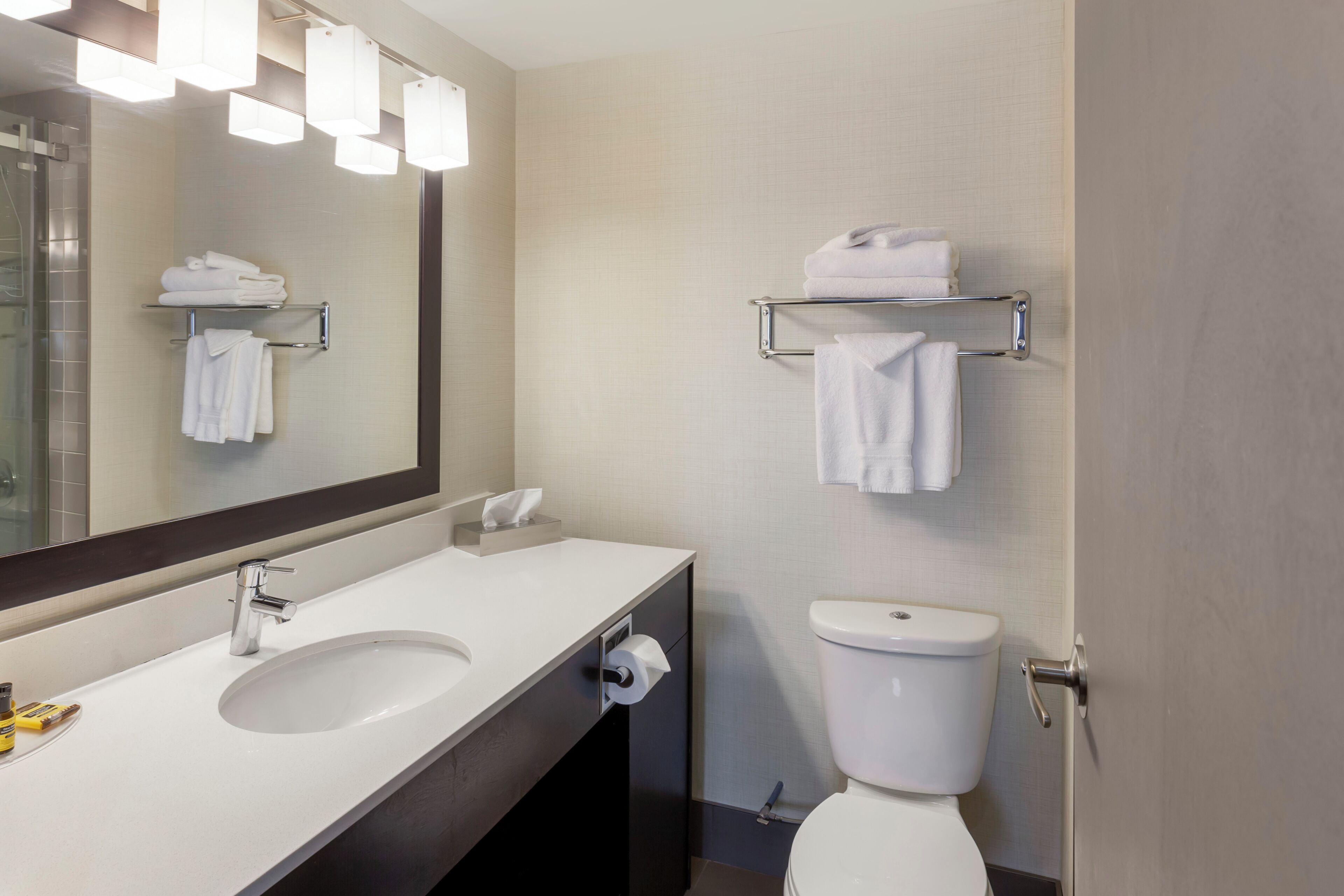 Ein modernes Badezimmer mit einem Doppelwaschbecken, einer Toilette und Handtuchhaltern.