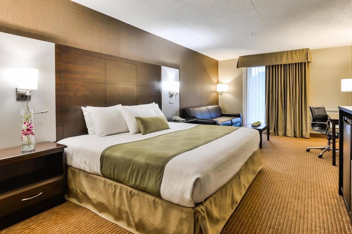 Premium bedding, pillowtop beds, desk, laptop workspace