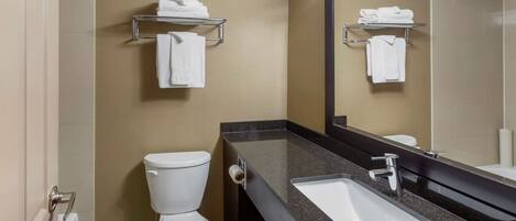 A modern bathroom with a toilet, sink, and towel racks.
