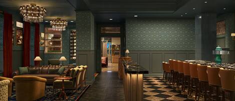 A bar area with a checkered floor, bar stools, and a long counter.