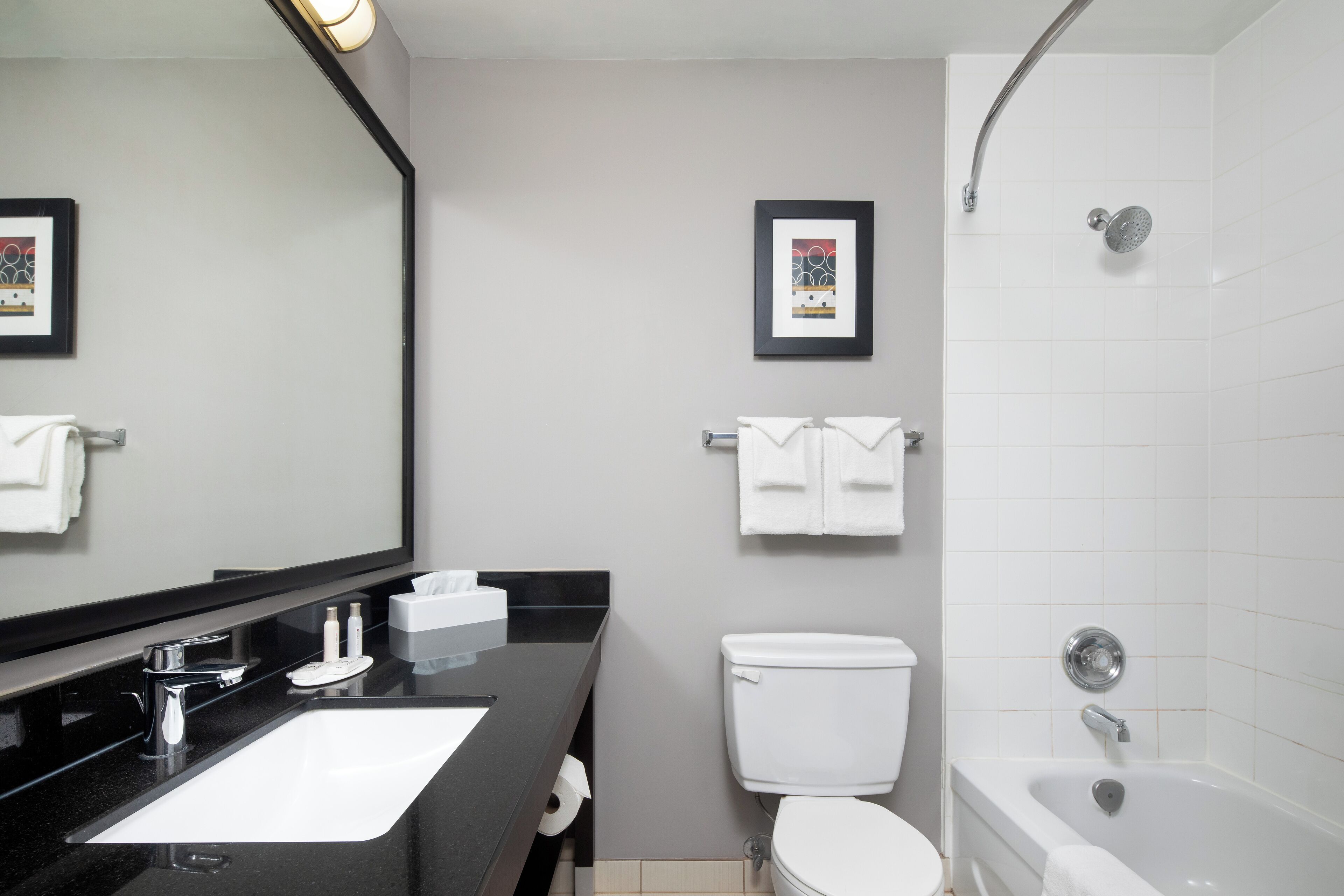 Un baño moderno con encimera negra, lavabo blanco y bañera.