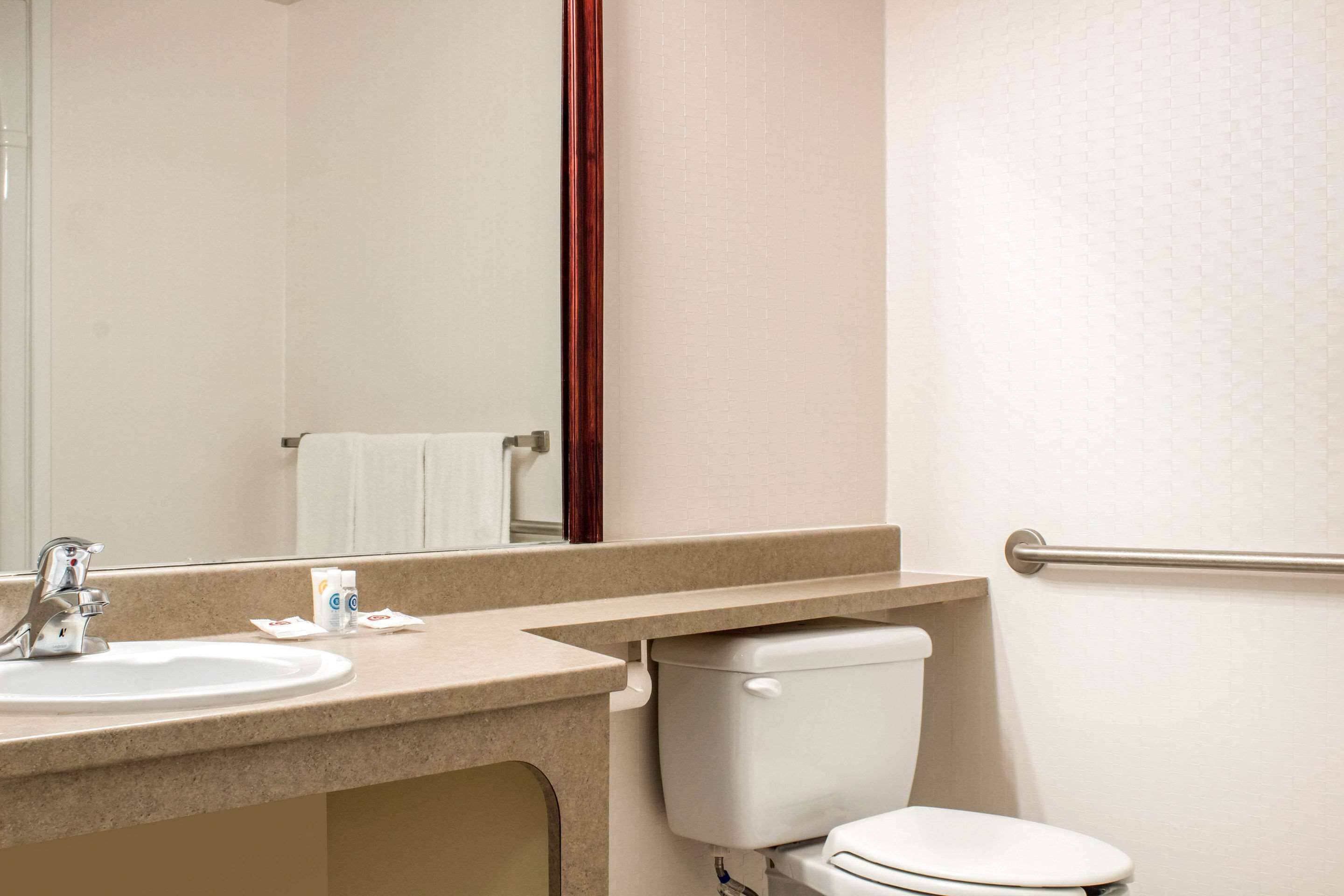 A bathroom with a sink, mirror, toilet, and a towel rack.