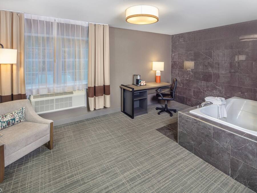 Habitación de hotel con sofá, escritorio, silla y una bañera grande.