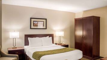 A hotel room with a bed, two bedside lamps, a nightstand, a chair, a wardrobe, and a framed picture on the wall.