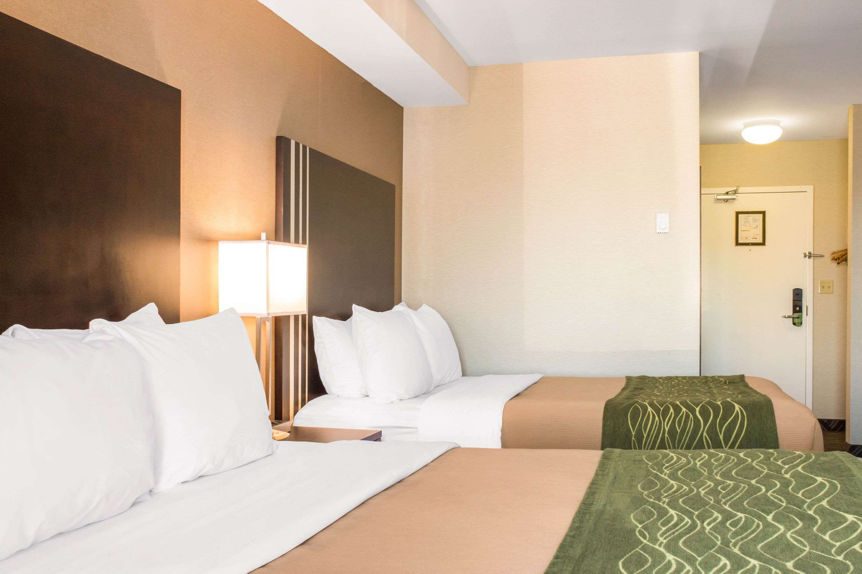 Habitación de hotel con dos camas, una mesita de noche, una lámpara y una puerta.