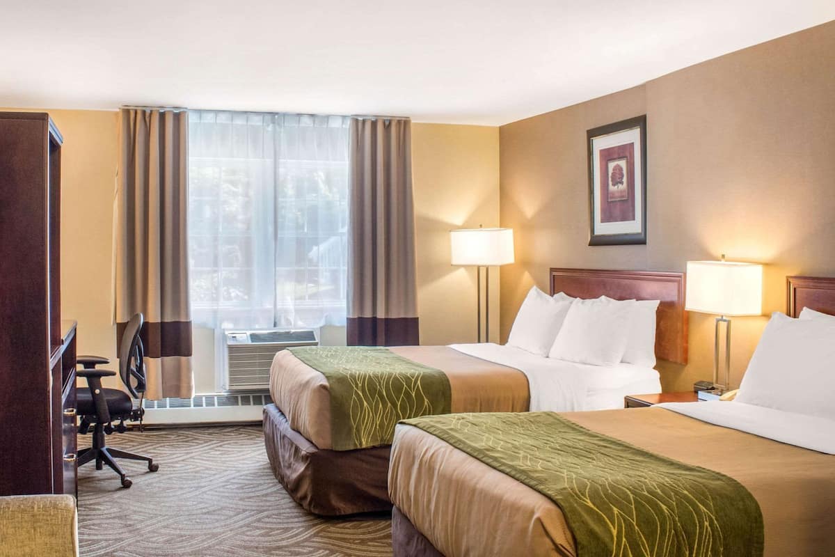 A hotel room with two beds, a desk, and a chair.