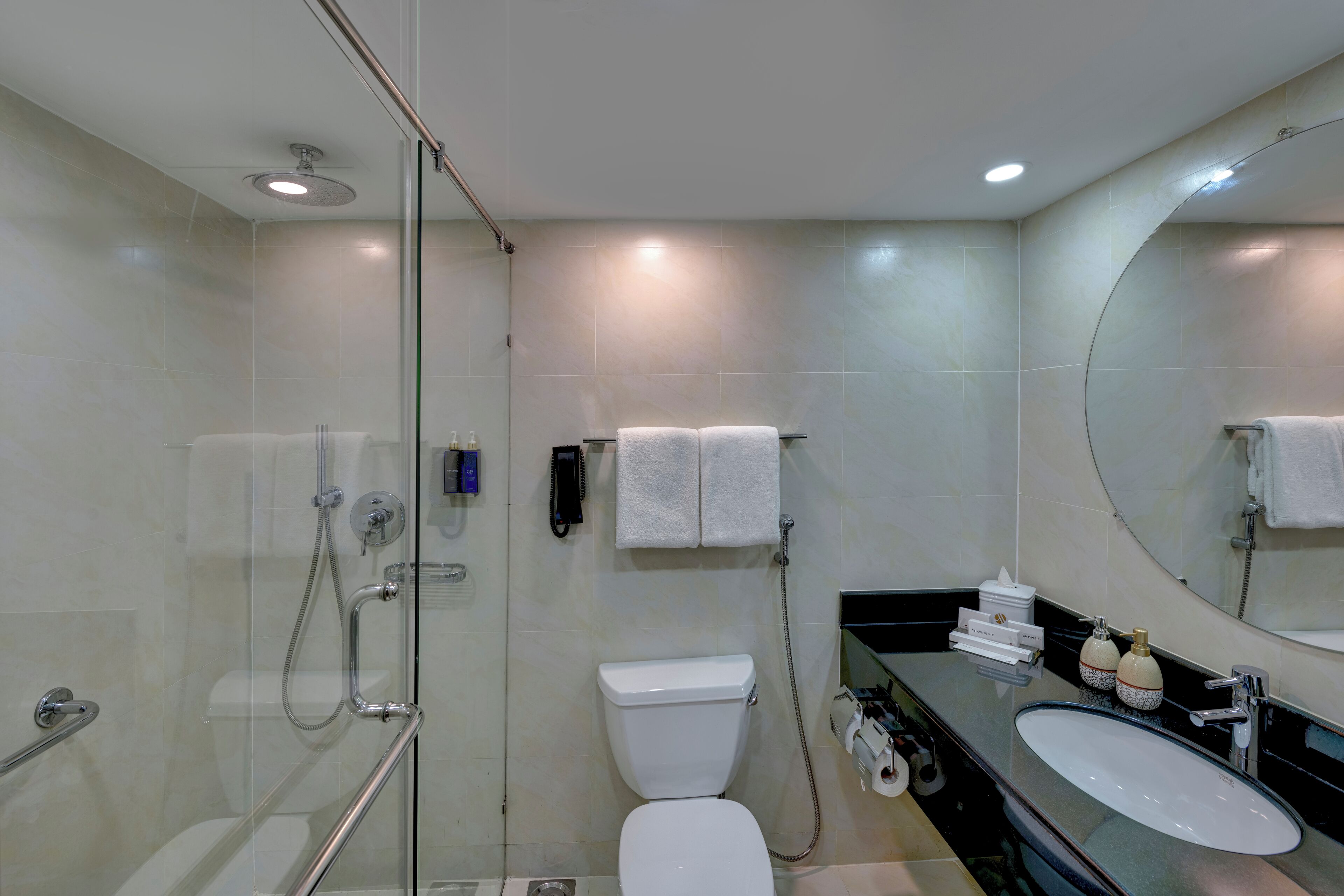 A modern bathroom with a glass-enclosed shower, a white toilet, and a large mirror above the sink.