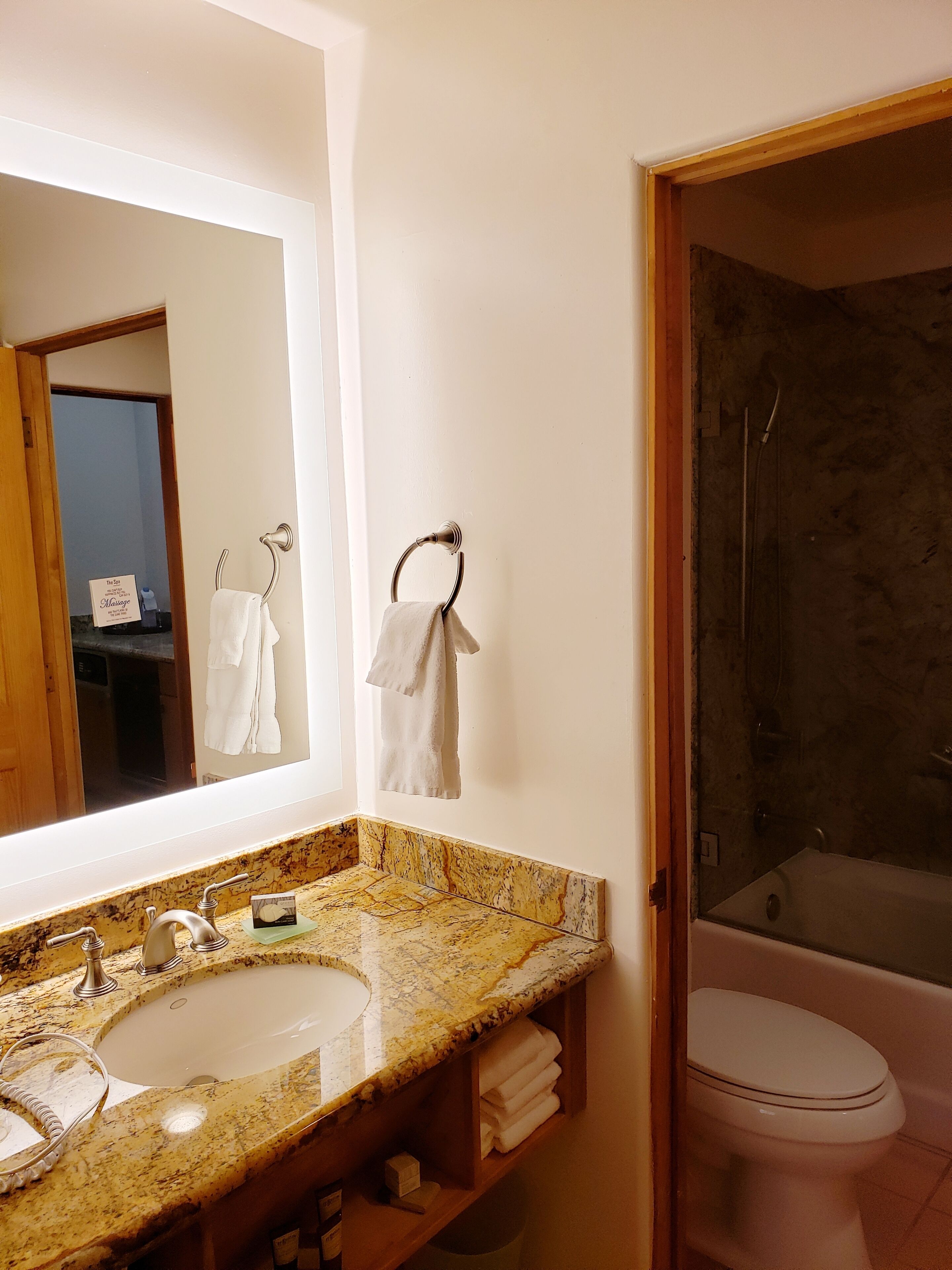 combined shower/bathtub, designer toiletries, hair dryer, bathrobes