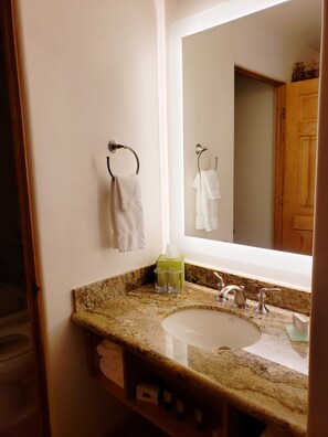 Combined shower/bathtub, designer toiletries, hair dryer, bathrobes