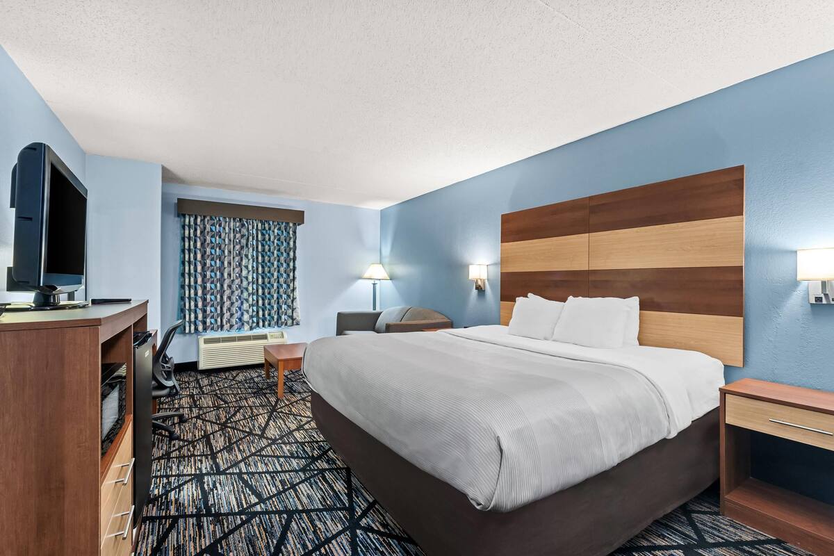 A hotel room with a large bed, a desk with a computer, a TV, and a patterned carpet.
