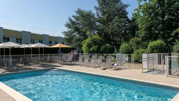 Seasonal outdoor pool, pool umbrellas, pool loungers